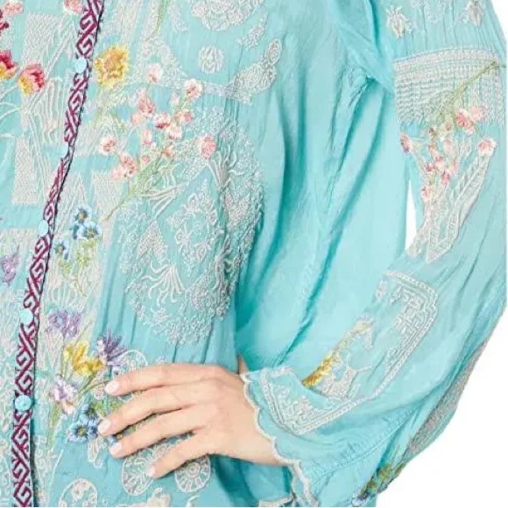 Johnny Was Turquoise Floral Embroidered Tunic Top - Picture 8 of 14